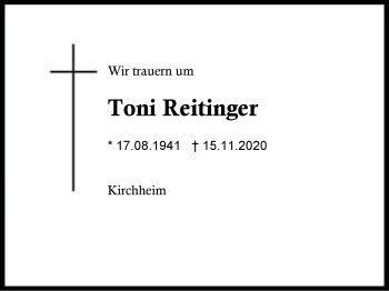 Traueranzeige von Toni Reitinger von Region Berchtesgadener Land