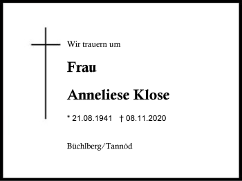 Traueranzeige von Anneliese Klose von Region Berchtesgadener Land