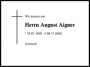 Traueranzeige von August Aigner von Region Berchtesgadener Land