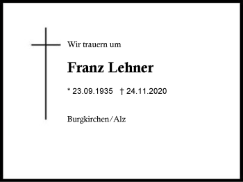 Traueranzeige von Franz Lehner von Region Berchtesgadener Land