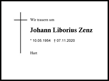 Traueranzeige von Johann Liborius Zenz von Region Chiemgau