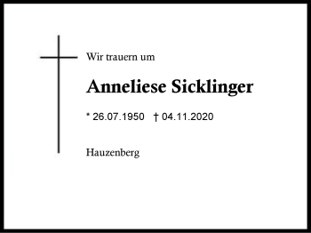 Traueranzeige von Anneliese  Sicklinger von Region Berchtesgadener Land