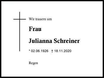 Traueranzeige von Julianna Schreiner von Region Berchtesgadener Land