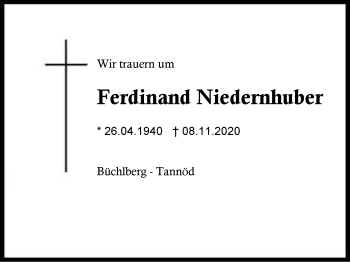 Traueranzeige von Ferdinand Niedernhuber von Region Berchtesgadener Land