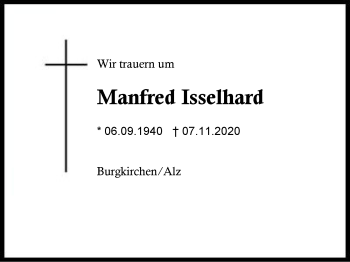 Traueranzeige von Manfred  Isselhard von Region Berchtesgadener Land