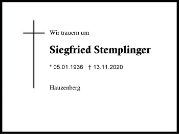 Traueranzeige von Siegfried Stemplinger von Region Berchtesgadener Land