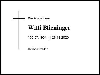 Traueranzeige von Willi Blieninger von Region Berchtesgadener Land