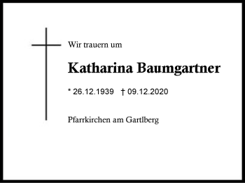 Traueranzeige von Katharina Baumgartner von Region Berchtesgadener Land