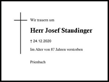 Traueranzeige von Josef Staudinger von Region Berchtesgadener Land