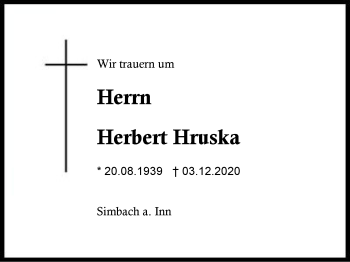 Traueranzeige von Herbert Hruska von Region Berchtesgadener Land