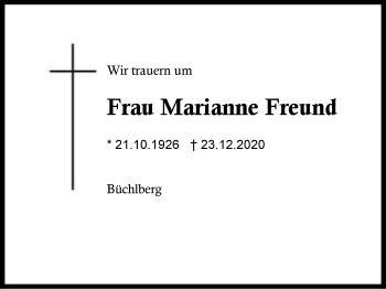 Traueranzeige von Marianne Freund von Region Berchtesgadener Land