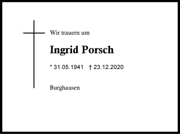 Traueranzeige von Ingrid Porsch von Region Berchtesgadener Land