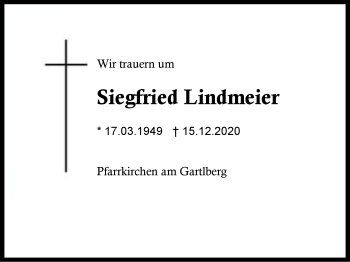 Traueranzeige von Siegfried Lindmeier von Region Berchtesgadener Land