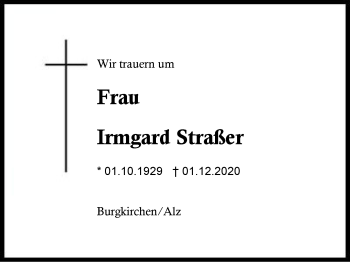 Traueranzeige von Irmgard Straßer von Region Berchtesgadener Land