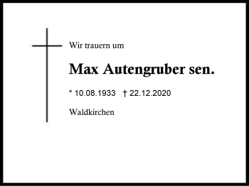 Traueranzeige von Max Autengruber von Region Berchtesgadener Land