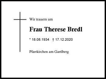 Traueranzeige von Therese Bredl von Region Berchtesgadener Land