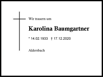 Traueranzeige von Karolina Baumgartner von Region Berchtesgadener Land