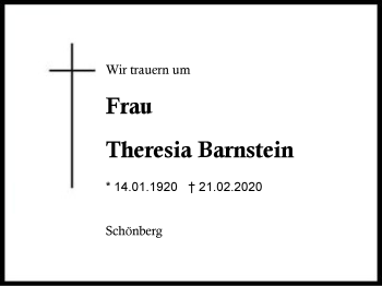 Traueranzeige von Theresia  Barnstein von Region Berchtesgadener Land