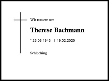 Traueranzeige von Therese  Bachmann von Region Chiemgau