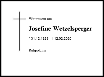 Traueranzeige von Josefine  Wetzelsperger von Region Berchtesgadener Land
