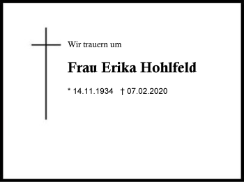 Traueranzeige von Erika  Hohlfeld von Region Berchtesgadener Land