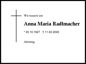 Traueranzeige von Anna Maria Radlmacher von Region Berchtesgadener Land