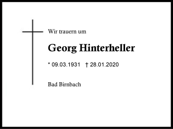 Traueranzeige von Georg  Hinterheller von Region Berchtesgadener Land