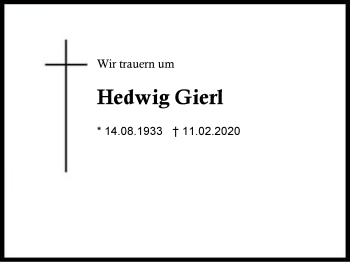 Traueranzeige von Hedwig  Gierl von Region Berchtesgadener Land