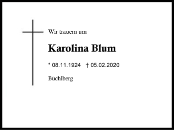 Traueranzeige von Karolina  Blum von Region Berchtesgadener Land