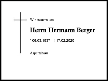 Traueranzeige von Hermann  Berger von Region Berchtesgadener Land