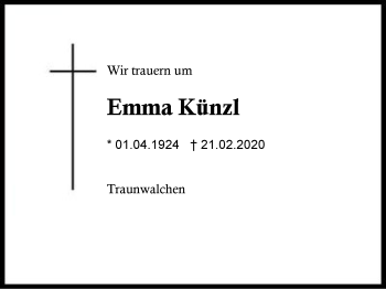 Traueranzeige von Emma  Künzl von Region Berchtesgadener Land