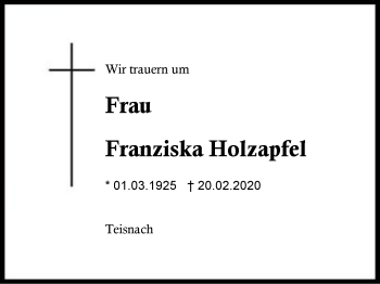 Traueranzeige von Franziska  Holzapfel von Region Berchtesgadener Land