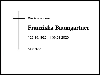 Traueranzeige von Franziska  Baumgartner von Region Berchtesgadener Land