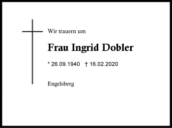 Traueranzeige von Ingrid  Dobler von Region Berchtesgadener Land