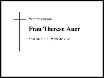 Traueranzeige von Therese  Auer von Region Berchtesgadener Land