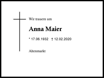 Traueranzeige von Anna  Maier von Region Berchtesgadener Land