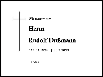 Traueranzeige von Rudolf  Dußmann von Region Berchtesgadener Land