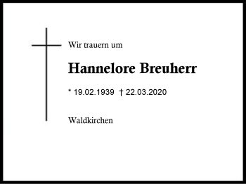 Traueranzeige von Hannelore  Breuherr von Region Berchtesgadener Land