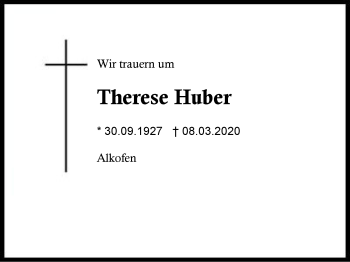 Traueranzeige von Therese  Huber von Region Berchtesgadener Land