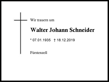 Traueranzeige von Walter Johann Schneider von Region Berchtesgadener Land