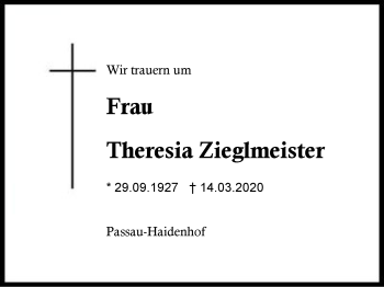 Traueranzeige von Theresia  Zieglmeister von Region Berchtesgadener Land