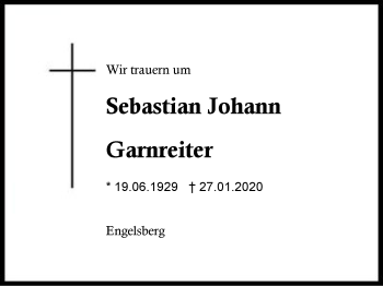 Traueranzeige von Sebastian Johann Garnreiter von Region Berchtesgadener Land