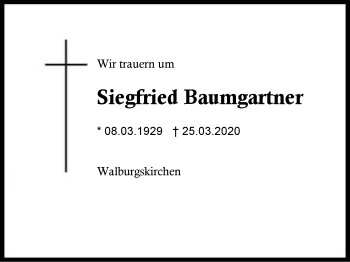 Traueranzeige von Siegfried  Baumgartner von Region Berchtesgadener Land