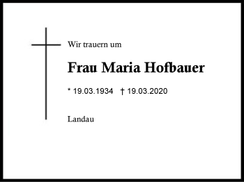 Traueranzeige von Maria  Hofbauer von Region Berchtesgadener Land