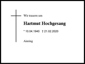 Traueranzeige von Hartmut  Hochgesang von Region Berchtesgadener Land