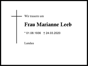 Traueranzeige von Marianne  Leeb von Region Berchtesgadener Land