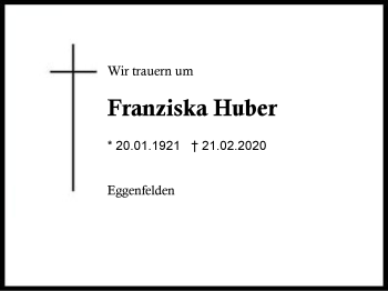 Traueranzeige von Franziska  Huber von Region Berchtesgadener Land