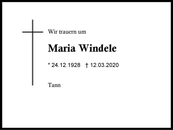 Traueranzeige von Maria  Windele von Region Berchtesgadener Land