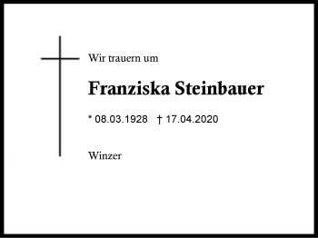 Traueranzeige von Franziska  Steinbauer von Region Berchtesgadener Land