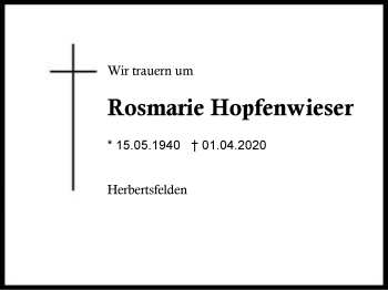 Traueranzeige von Rosmarie  Hopfenwieser von Region Berchtesgadener Land